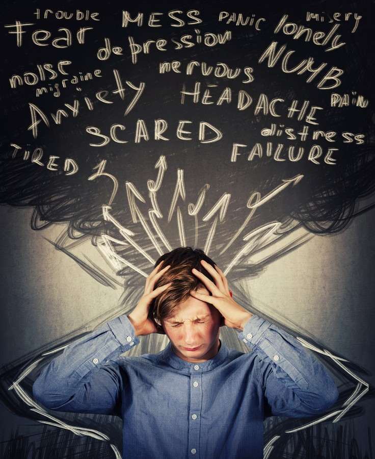 A person holds their head with both hands, appearing distressed. Words like "fear," "scared," and "anxiety" surround the head, vividly illustrating feelings of stress and mental strain. This powerful image underscores the importance of addressing mental health challenges.